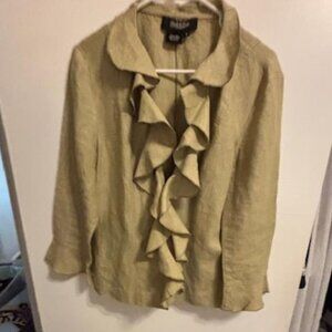 Peck and Peck Green 100% Linen Jacket Cardigan Sz 14 Ruffles Collared